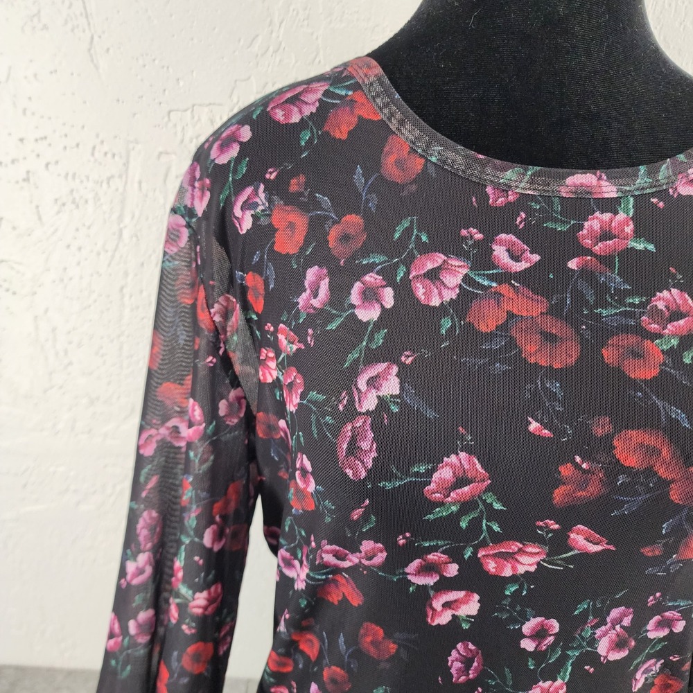 Black Floral Mesh Long Sleeve Sheer Poppy Print Top Womens Large - Picture 2 of 6